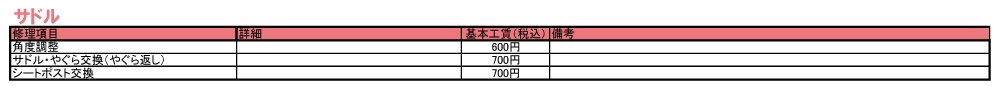 修理価格表(サドル・やぐら・シートポスト)