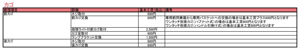 修理価格表(ブレーキ・ネジ取付・ランプブラケット)